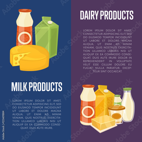 Dairy products vertical flyers with different milk composition isolated on color background, vector illustrations with space for text. Nutritious and healthy products. Organic farmers food.
