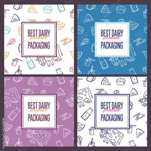 Best dairy product seamless patterns for packaging with different dairy icons in line style design, vector illustration. Organic farming background. Nutritious and healthy milk products. Natural food.