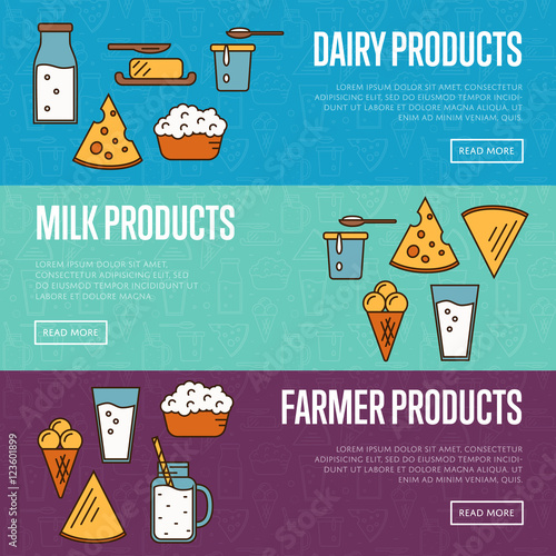 Dairy horizontal website templates with different milk products, vector illustrations in line style design. Healthy nutritious concept with butter, ice cream, milk, yoghurt, cheese, curd. Tasty food