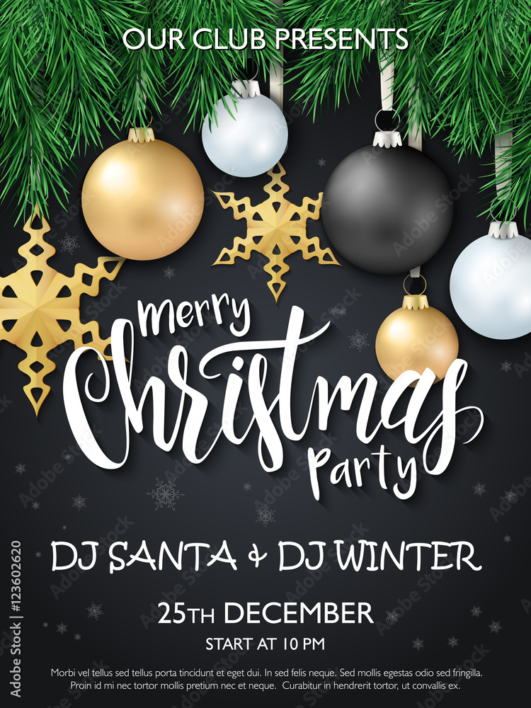 Vector christmas poster with christmas ornaments and stars, handing on fir-tree branches and lettering greetings word - christmas Vector christmas poster with christmas ornaments and stars, handing on fir-tree branches and lettering greetings word - christmas