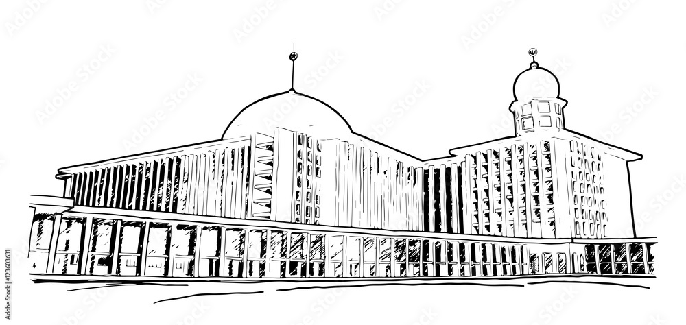 A hand drawn sketch of Istiqlal Mosque in Jakarta, Indonesia