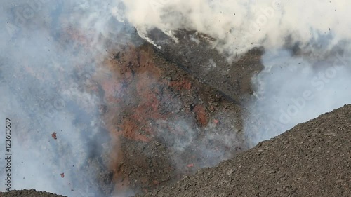 Beautiful volcanic landscape of Kamchatka Peninsula: Eruption active Tolbachik Volcano - emission from the crater: lava, gas, steam, ash and volcanic tremor, earthquake. Russia, Far East, Kamchatka.