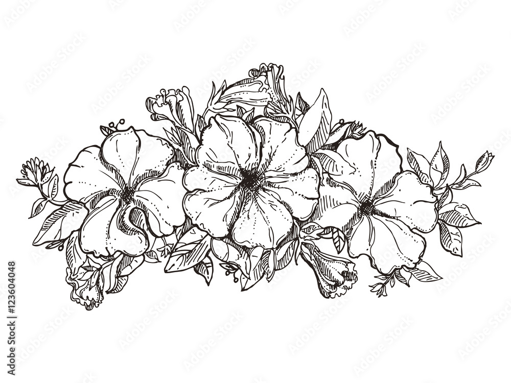 black and white hand drawn floral ornament with petunia flower. sketch ...