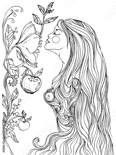 hand drawn ink doodle girls face and flowing hair on white background. design for adults, poster, print, t-shirt, invitation, banners, flyers. sketch. vector eps 8.