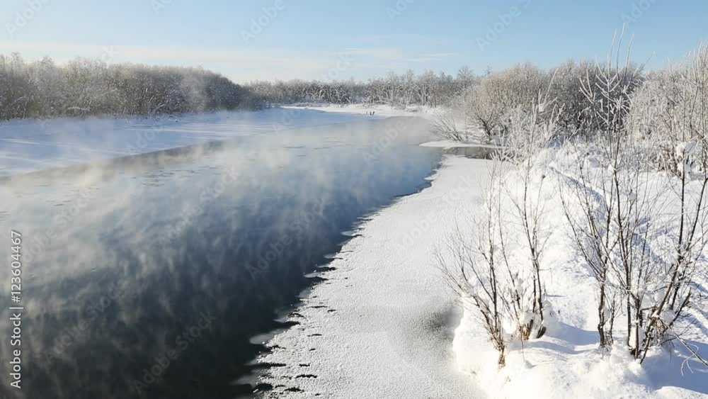 Scenery landscape: winter view of the Kamchatka River (largest river on the Kamchatka Peninsula) on a sunny frosty day. Eurasia, Russian Far East, Kamchatka region. Scenery landscape: winter view of the Kamchatka River (largest river on the Kamchatka Peninsula) on a sunny frosty day. Eurasia, Russian Far East, Kamchatka region.