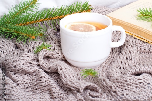 cup of hot tea in the bed, warm winter mood