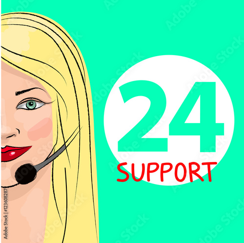 Round-the-clock telephone support. Woman dispatcher. Vector illustration
