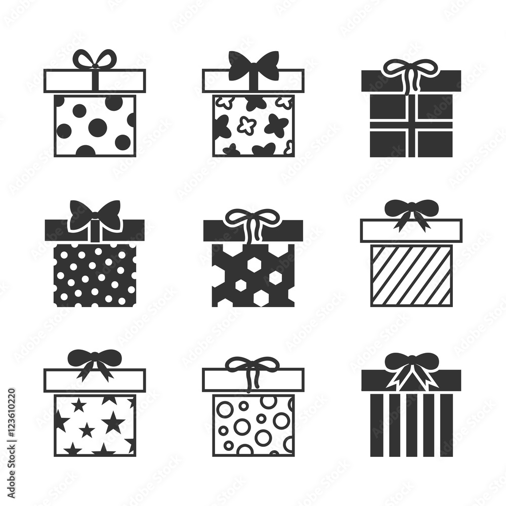 Gift boxes vector icons set in black and white Gift boxes vector icons set in black and white