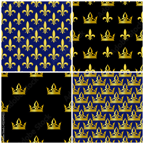 Golden crowns and fleur de lis seamless patterns set