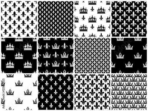 Vector crowns and fleur de lis seamless patterns set in black