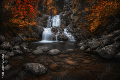 Beautiful autumn waterfall in forest with red leaves