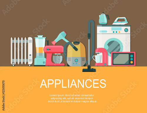 Household appliances banner with icons. Vector flat illustration