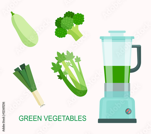 Green vegetable smoothie juice. Food processor, mixer, blender and vegetables. Flat style vector illustration.
