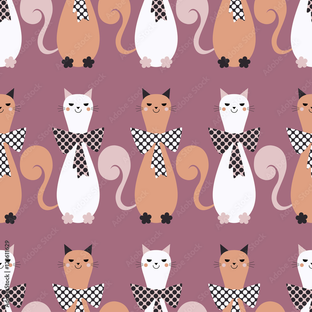 Seamless vector background with decorative cats and hearts. Bow polka dot. Print. Repeating background. Cloth design, wallpaper. Seamless vector background with decorative cats and hearts. Bow polka dot. Print. Repeating background. Cloth design, wallpaper.