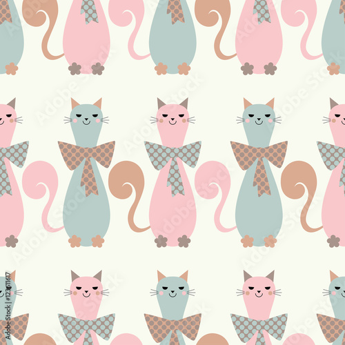 Seamless vector background with decorative cats and hearts. Bow polka dot. Print. Repeating background. Cloth design, wallpaper.