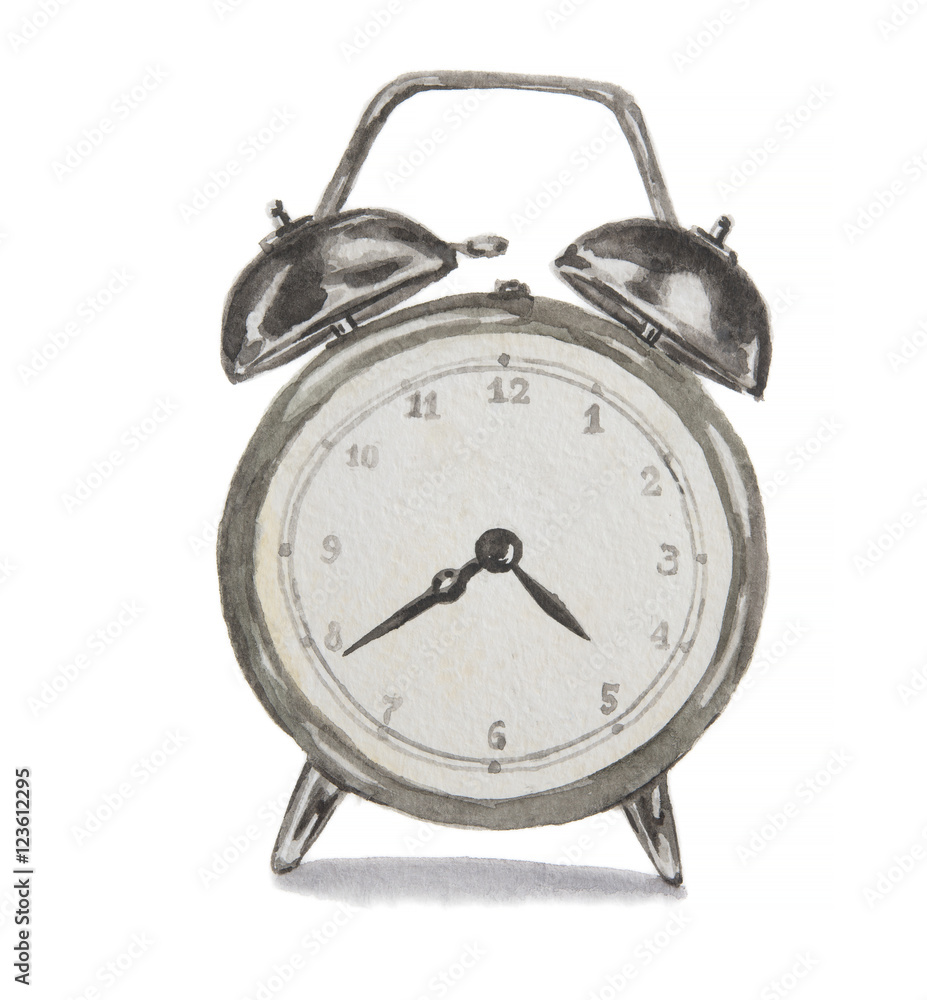 Isolated watercolor alarm clock on white background. Silver metal retro clock. Elegant business equipment with bell. Isolated watercolor alarm clock on white background. Silver metal retro clock. Elegant business equipment with bell.