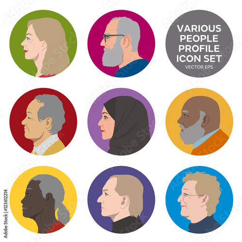 various senior people profile set, avatar icons, aged people face viewed sidewise