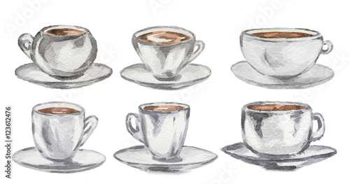 Watercolor coffee set. Vintage retro white coffee cups on white background.