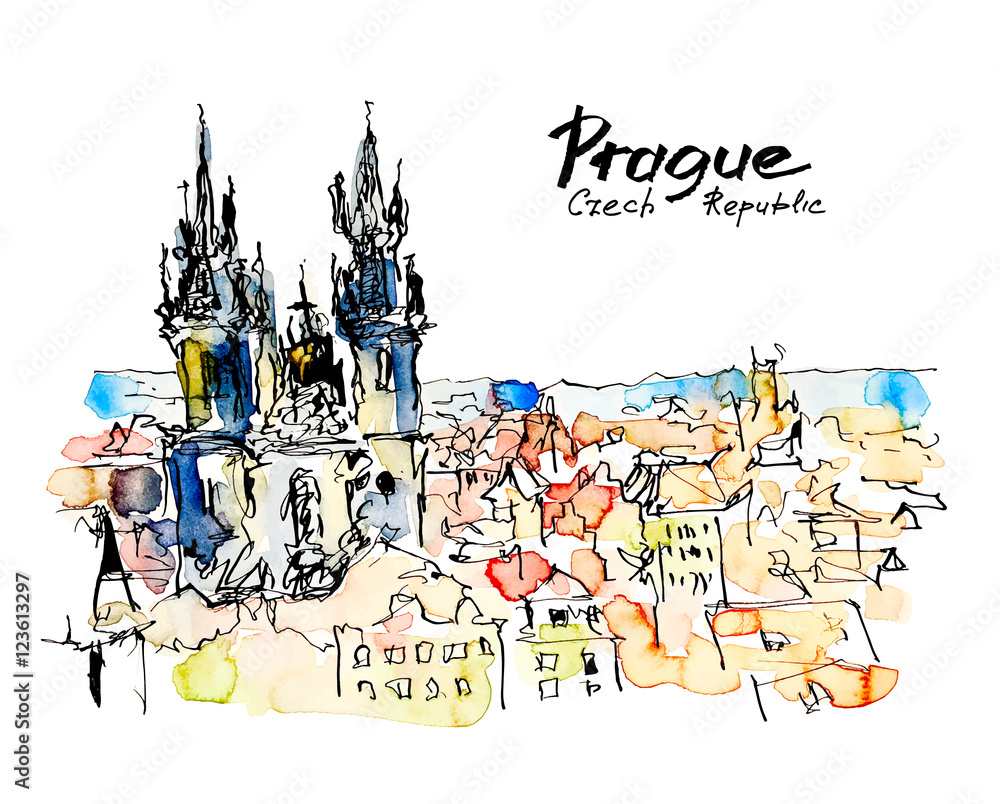 Fototapeta premium watercolor freehand sketch drawing of Prague Czech Republic top 