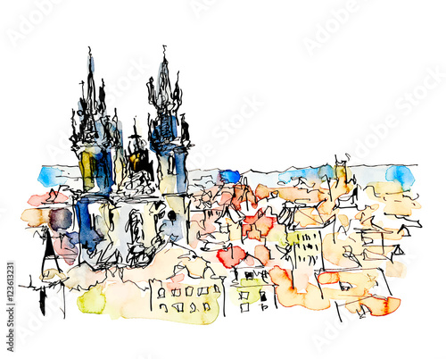 watercolor freehand sketch drawing of Prague Czech Republic top 