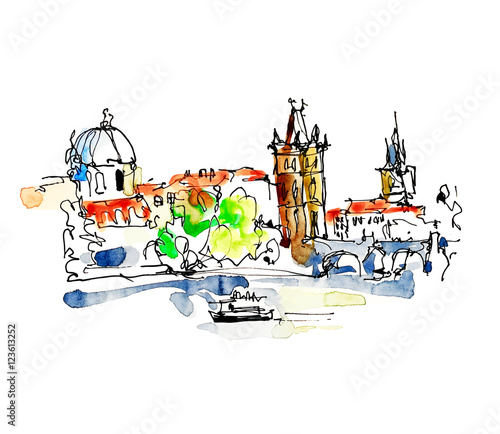 watercolor freehand sketch drawing of Prague Czech Republic top 