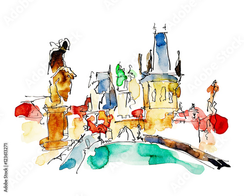 watercolor freehand sketch drawing of Prague Czech Republic top 