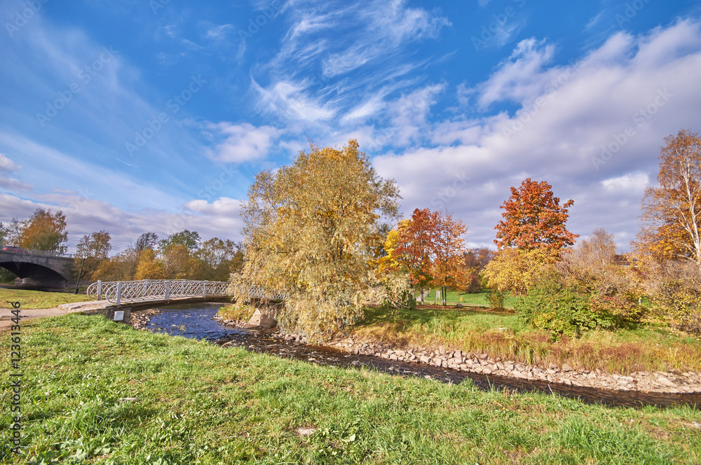 across the river bridge in the autumn park across the river bridge in the autumn park