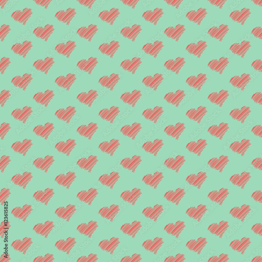 Hand drawing red hearts seamless pattern on a turquoise background. Hand drawing red hearts seamless pattern on a turquoise background.