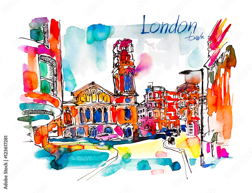 sketch watercolor painting of London street with church and hand
