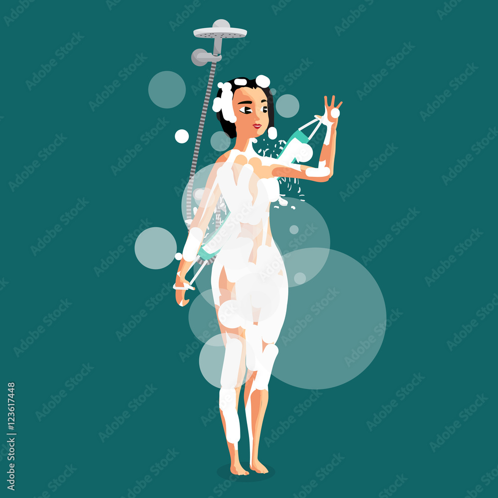 Fototapeta premium Woman below the shower bath. Young brunette girl has refreshment