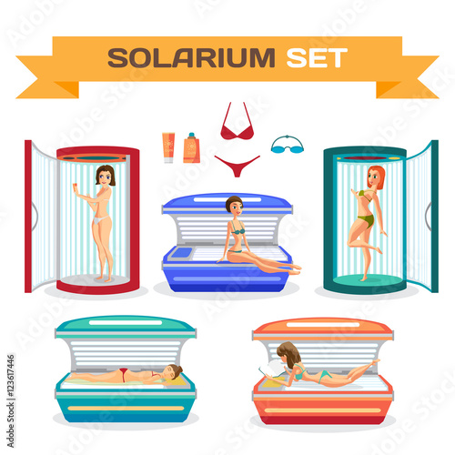 Set of woman tanning in solarium. Essential accessories. Vector