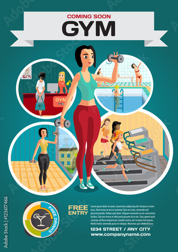 Template for a poster on the gym. Reception and  gymnasium. Woma