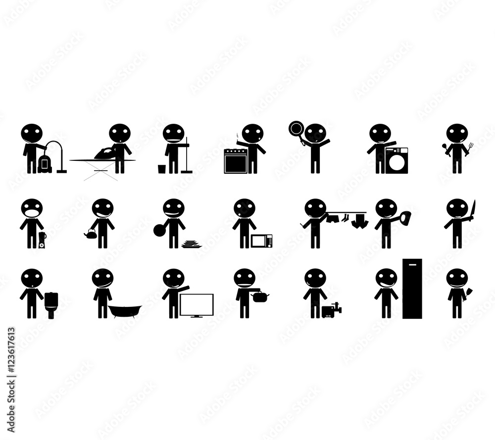 Man with Random Objects Stick Figure Pictogram Icons Cleaning Washing Wiping Sweeping Vacuum Cleaner Worker Pictogram Icon Symbol Sign