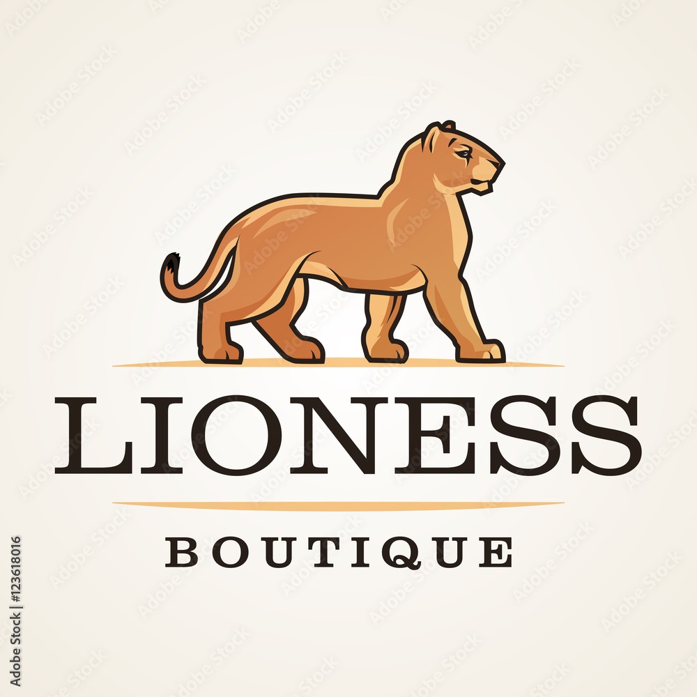 Lioness logo vector. Lion design template. Shop or boutique illustration. Big cat insignia, Cougar logotype on light background.