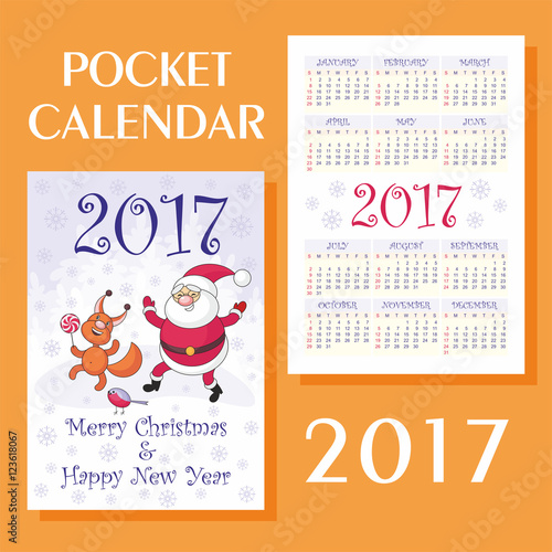 Greeting card merry Christmas and New Year with the image of funny animals and Santa Claus. Pocket calendar 2017.