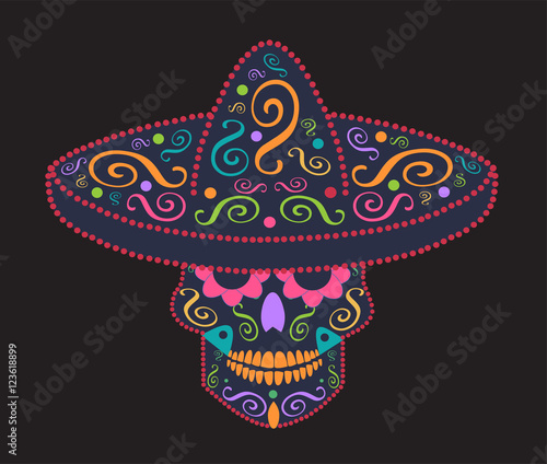 Mexican skull with sombrero, Day of the dead, neon color 
