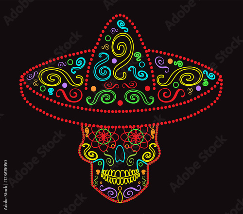 Mexican skull with sombrero, Day of the dead, neon color 