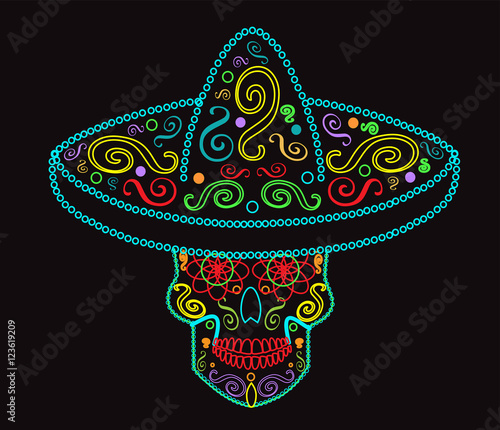 Mexican skull with sombrero, Day of the dead, neon color 