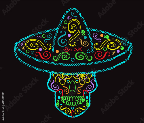 Mexican skull with sombrero, Day of the dead, neon color 