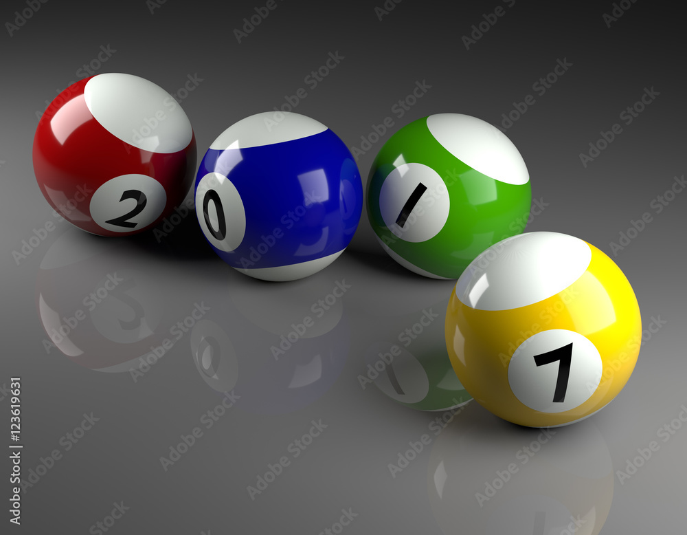 Pool balls with 2017 on a glossy grey background Pool balls with 2017 on a glossy grey background