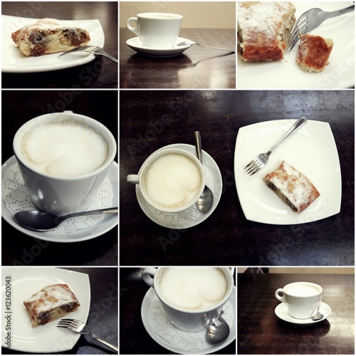 Collage of latte coffe and cake on table