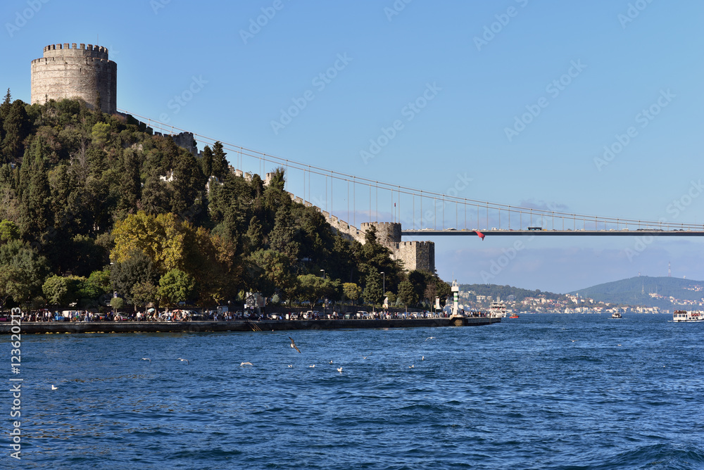 Rumelihisari Rumelian Castle and Asiyan Asri Cemetery on the Bosphorus with Fatih Sultan Mehmet Bridge