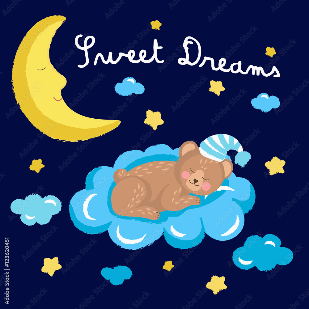 Cute sleeping bear vector illustration with clouds stars and moon ...