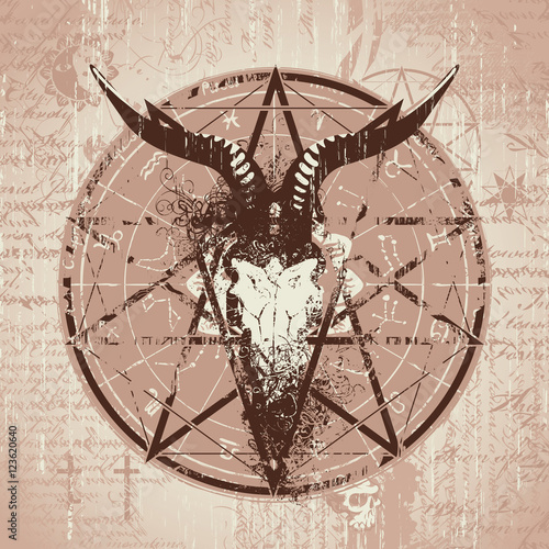 vector illustration with skull of goat and pentagram with splashes on the background of old papyrus with magical inscriptions and symbols