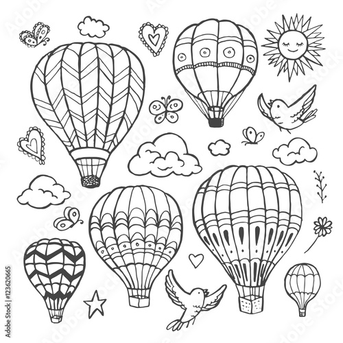 Doodle set of hot air balloons with birds, clouds, sun, butterflies