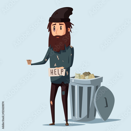 Sad unemployed beggar. Cartoon vector illustration