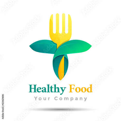 Vegetarian food symbol. Leaf shape with knife and fork logo template. Vector business icon. Corporate branding identity design illustration for your company. Creative abstract concept.