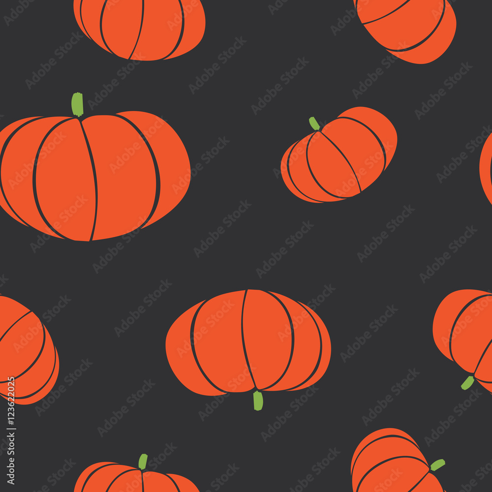 Isolated abstract orange color pumpkin seamless texture on black. Farming vegetable backdrop. Kitchen wallpaper design. Halloween sign. Autumn harvest holiday symbol. Vector pumpkin illustration.
