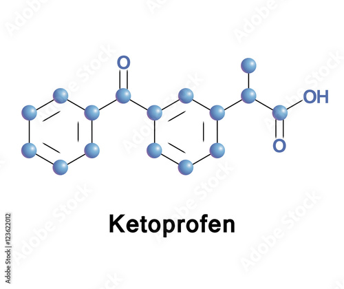 Ketoprofen is one of the propionic acid class of nonsteroidal anti-inflammatory drugs (NSAID) with analgesic and antipyretic effects. Vector molecule formula.