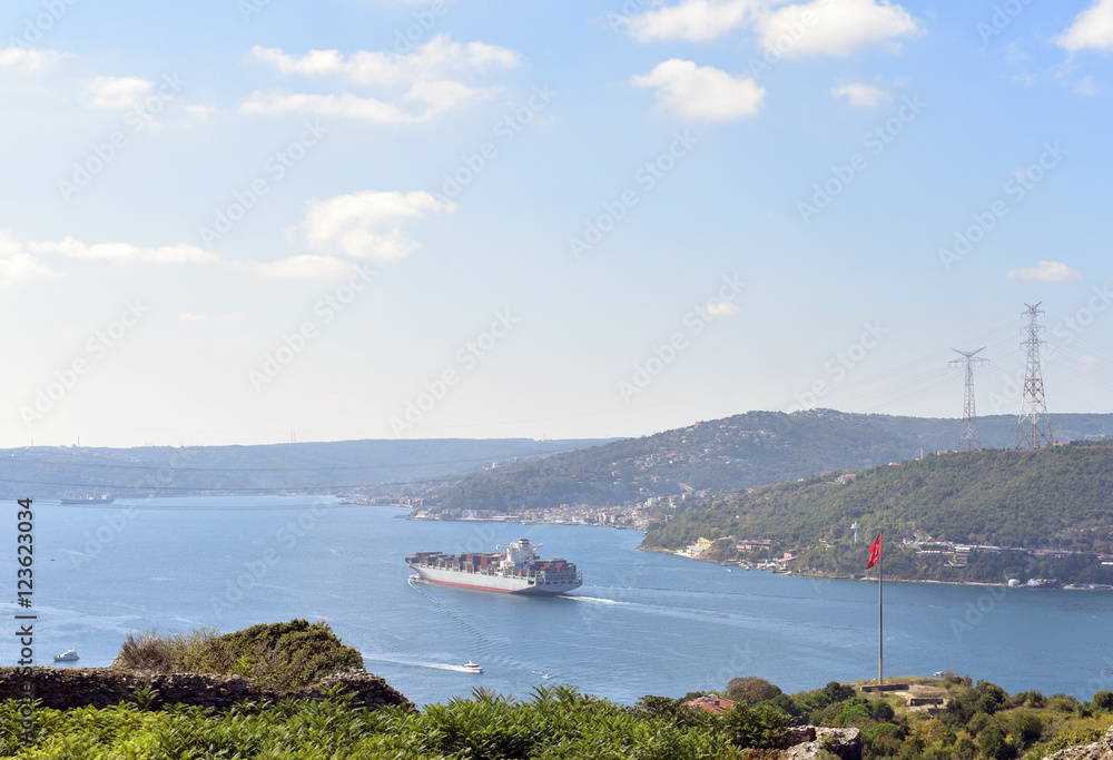 A container ship at Bosphorus is moving to Marmara Sea